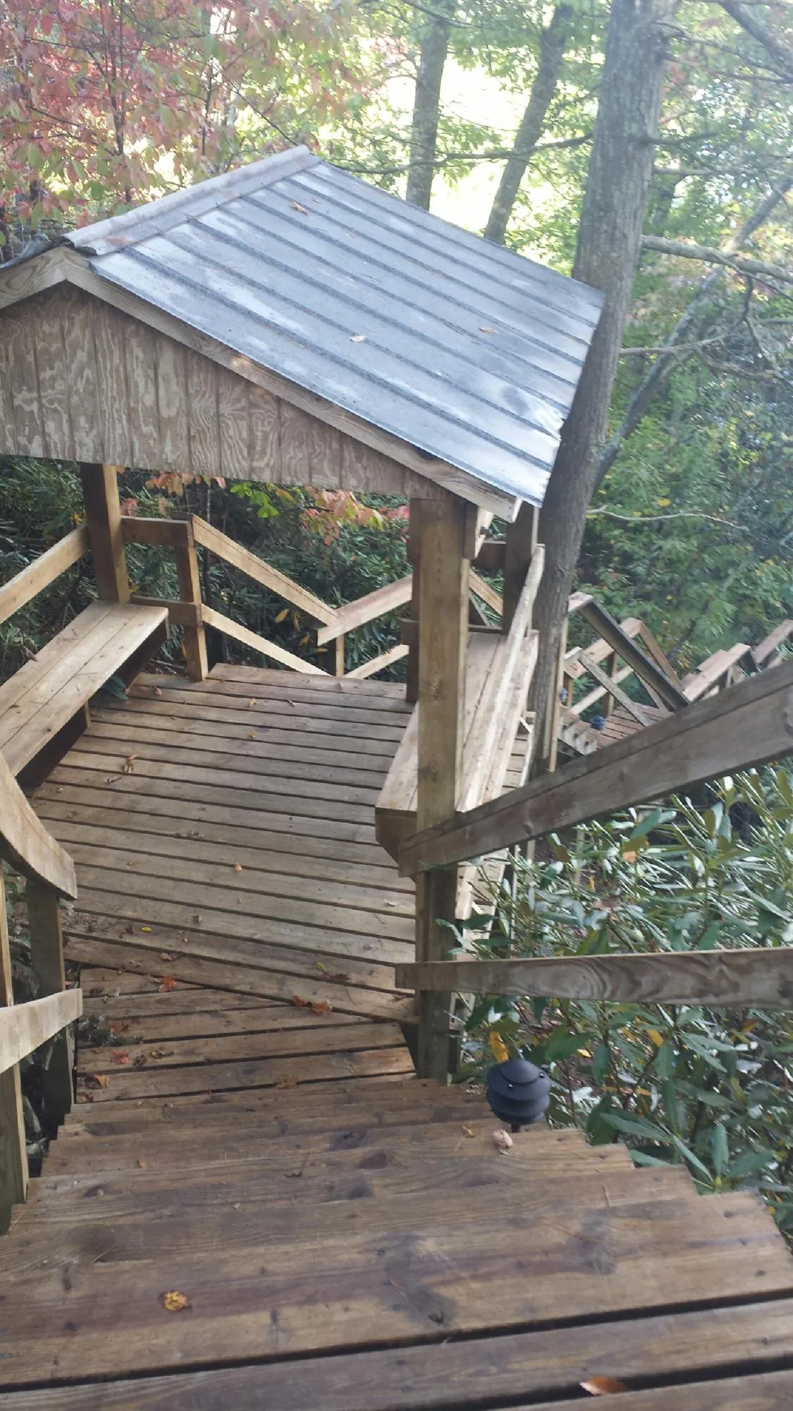Metal roofed shelter over wooden steps on a wooded walkway — Skylight Repair & Installation work by our crew in Graceville